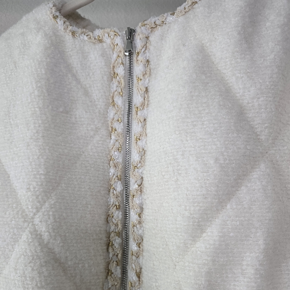 VICI Cream Quilted Bouclé Zip Jacket with Braided Trim - Picture 2 of 6